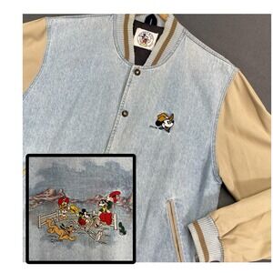 RARE Vtg Mickey Mouse Rodeo Varsity Jacket Sz‎ L Denim Embroidered Bomber Cowboy